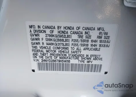 2009 Acura Mdx Technology Package from USA, damaged, VIN 2HNYD28679H514118